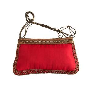 Vintage Red Grosgrain Clutch Purse Sequin Beaded Satin Zipper Beaded Tassel